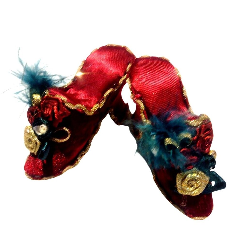 Vintage Red Velvet Victorian Witch Shoe Ornaments Gold & Green Accents Floral 3"
